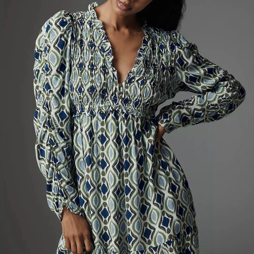 Anthropologie Blue and Green Patterned Mini Dress